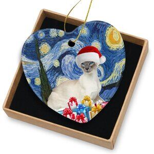 🆕 Christmas Ornament Lover Decorations Ceramic Tree Siamese Cat Xmas Hat Lover
